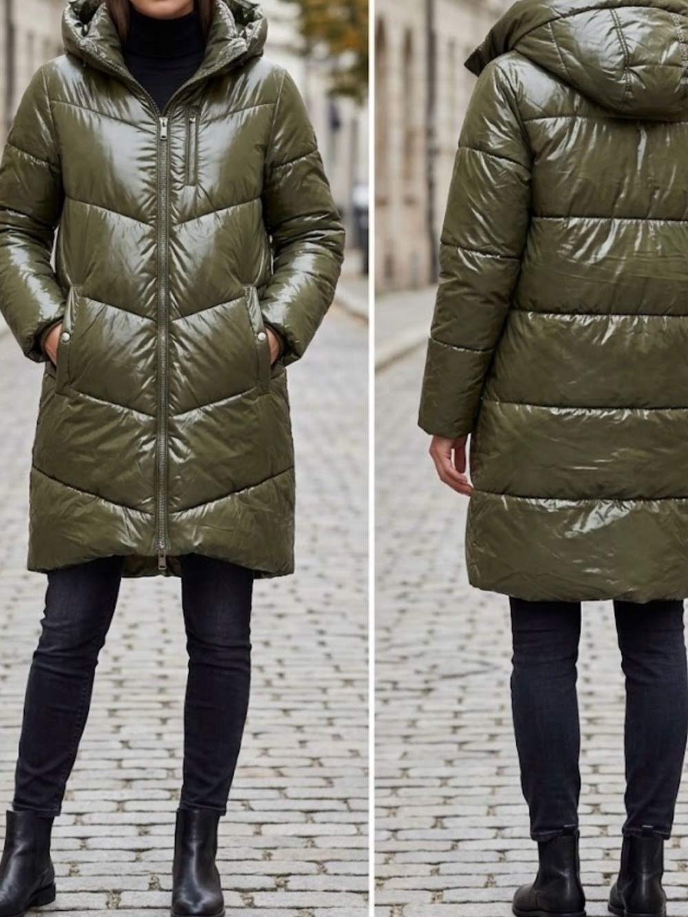 a new day Olive Green Shiny Puffer Coat with High Collar